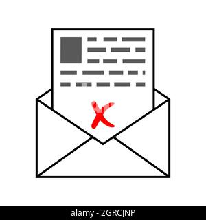 Envelope with a letter of bad sad news, a letter with a red cross document rejected Stock Vector