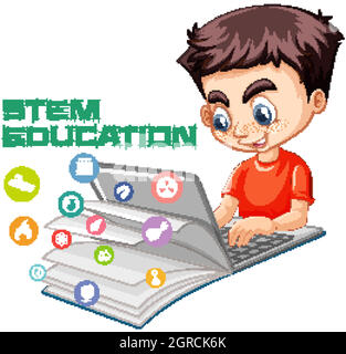 Boy searching on laptop with stem education logo cartoon style isolated on white background Stock Vector