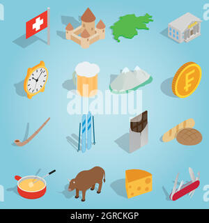 Switzerland set icons, isometric 3d style Stock Vector