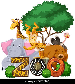 Group of animals under the tree with zoo sign Stock Vector