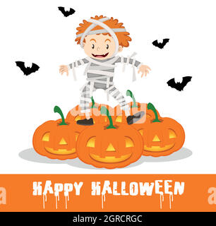 Happy Halloween poster with kid in mummy costume Stock Vector