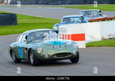 1961 Aston Martin Project 212 classic, vintage race car, racing in the RAC Tourist Trophy at the Goodwood Revival 2014, leading chasing cars at speed Stock Photo