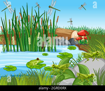 Many green frogs and dragonfly in the pond scene Stock Vector