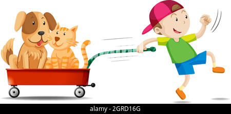 Boy pulling wagon with dog and cat on it Stock Vector