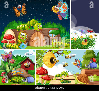 Set of different insects living in the garden background Stock Vector