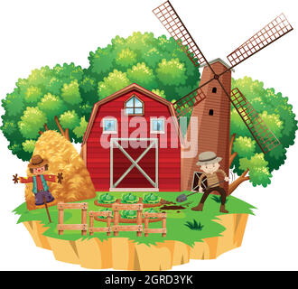 Farm scene with scarecrow and vegetables garden illustration Stock ...