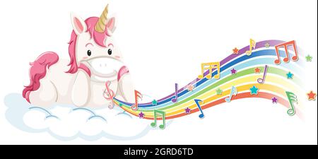 Unicorn laying on the cloud with melody symbols on rainbow wave ...