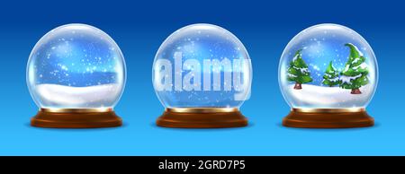 3d realistic vector collection of snow globes empty, with snow and with Christmas trees. Stock Vector