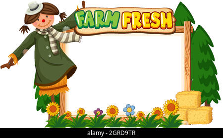 Border template design with scarecrow and flowers in garden Stock Vector