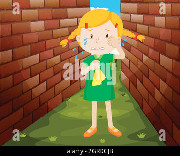 Little girl crying alone Stock Vector