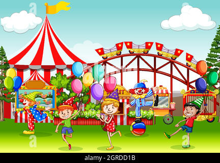 Scene with many children having fun in the circus fair Stock Vector