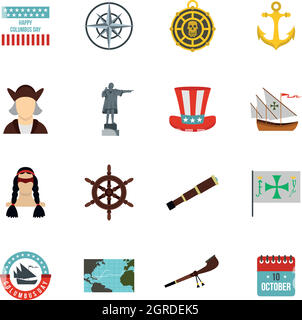 Columbus Day icons set, flat style Stock Vector