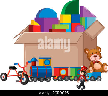 Cardboard box full of toys on white background Stock Vector