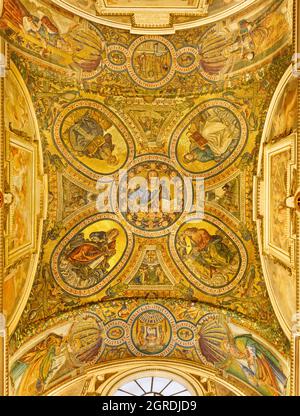ROME, ITALY - SEPTEMBER 2, 2021: The mosaic with the Jesus the Teacher and Four Evangelists in St. Helen chapel - Santa Croce in Jerusaleme. Stock Photo