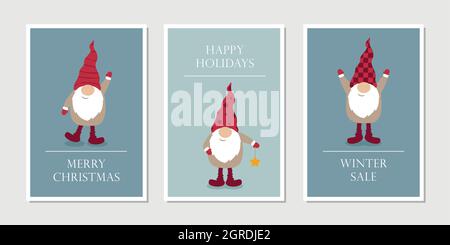 set of christmas greeting cards with cute funny gnome Stock Vector