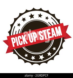 PICK UP STEAM text on red brown ribbon badge stamp. Stock Photo