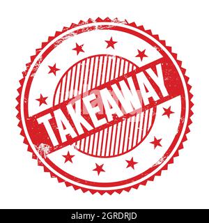 TAKEAWAY text written on red grungy zig zag borders round stamp. Stock Photo