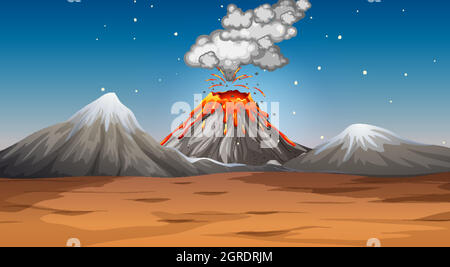 Volcano eruption in desert scene at night Stock Vector