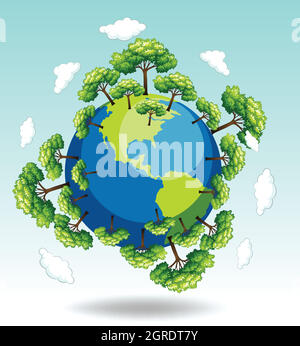 Globe of the planet Earth with clouds around on a dark blue background ...