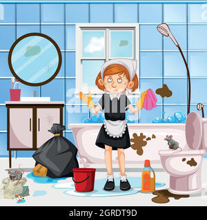 A Worried Maid Cleaning Toilet Stock Vector