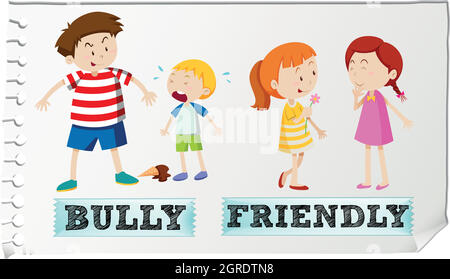 Opposite adjectives bully and friendly Stock Vector