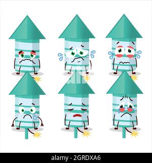 Rocket firework green cartoon character with sad expression. Vector illustration Stock Vector