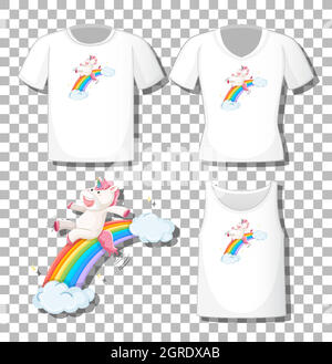 Cute unicorn slide on rainbow cartoon character with set of different shirts isolated on transparent background Stock Vector