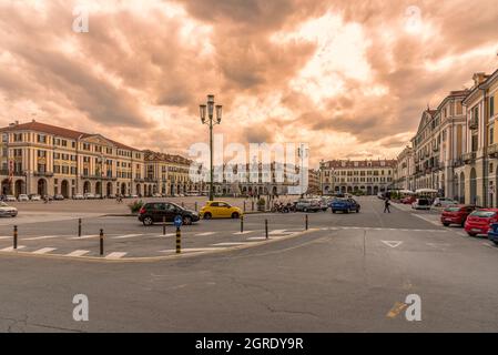 CUNEO, PIEDMONT, ITALY - august 2, 2021: Piazza Tancredi Duccio GalimbertI, main square of Cuneo with Palace of the Court to the right Stock Photo