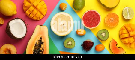 Set of exotic fruits on multicolored background. Stock Photo