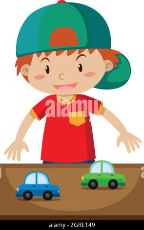 Little boy playing toy cars Stock Vector