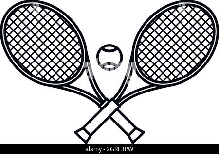 Black outline tennis racket and ball symbol with text isolated on white ...