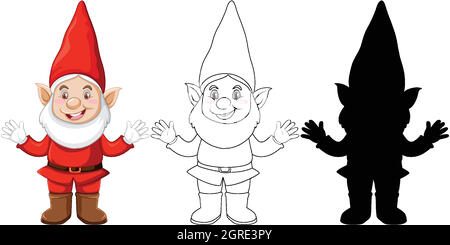 Gnome in color and outline and silhouette in cartoon character on white background Stock Vector