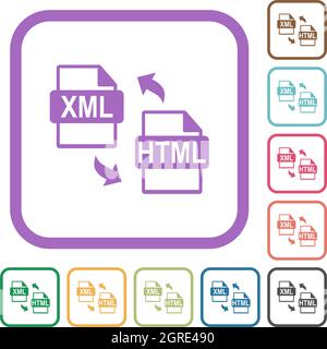 XML HTML file conversion simple icons in color rounded square frames on white background Stock Vector