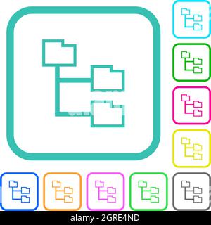 Folder structure outline vivid colored flat icons in curved borders on white background Stock Vector