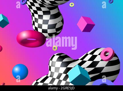 Abstract background with flying colorful 3D geometric shapes over vibrant gradient backdrop. Abstraction with checkered shape in 90s style. Stock Vector