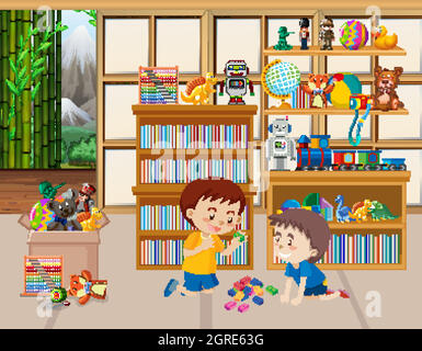 Scene with two boys playing toys in the room Stock Vector