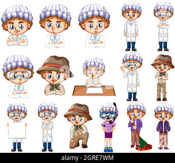 Boy in striped hat doing different activities Stock Vector