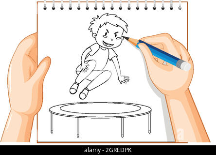 Hand writing of boy jumping on trampoline outline Stock Vector