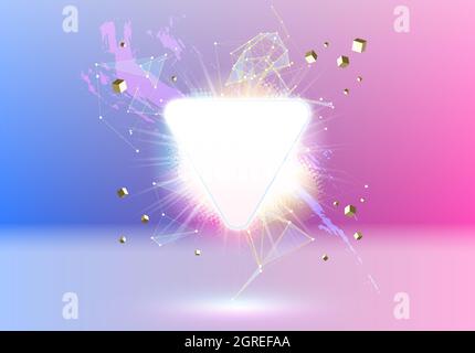 Abstract pink and blue vaporwave styled background with shiny neon frame, brush stroke, halftone blot and triangular dotted grid. Stock Vector