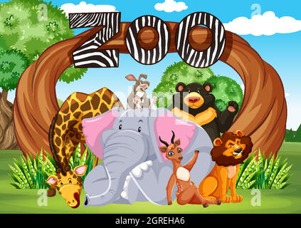 Group of animal on from of zoo entrance sign Stock Vector