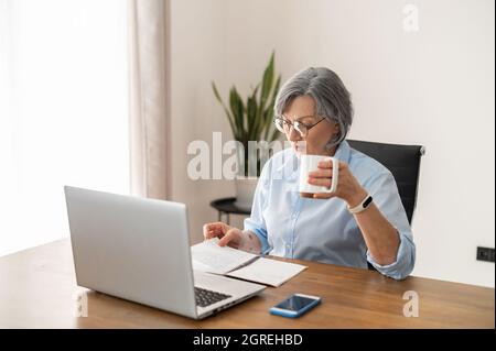 Focused senior mature businesswoman drinking coffee, holding a mug, looking at the laptop, middle-aged female journalist writing an article, watching a movie or webinar, reading news, shopping online Stock Photo