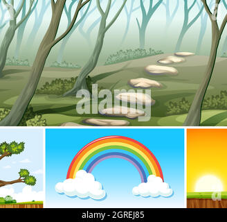 Four different scenes in nature setting cartoon style Stock Vector