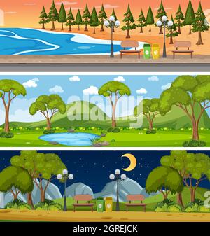 Set of different nature horizontal scenes illustration Stock Vector