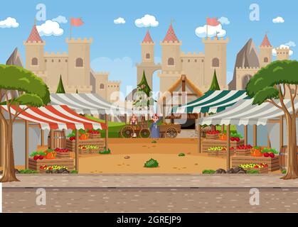 Medieval town scene with market place illustration Stock Vector Image ...