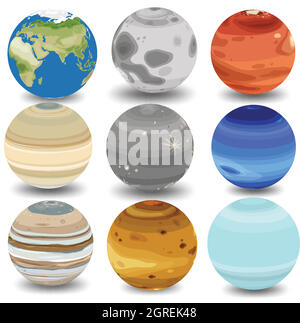 Set of different planets on white background Stock Vector
