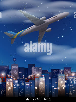 Airplane flying over buildings in city Stock Vector