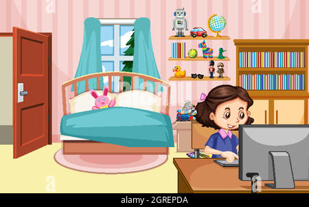 Scene with girl working on computer in the bedroom Stock Vector