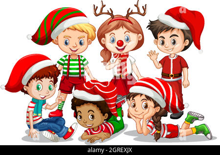 Children wear Christmas costume cartoon character on white background Stock Vector