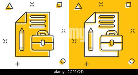 Document note with pen icon in comic style. Paper sheet pencil and briefcase cartoon vector illustration on white background. Notepad document splash Stock Vector