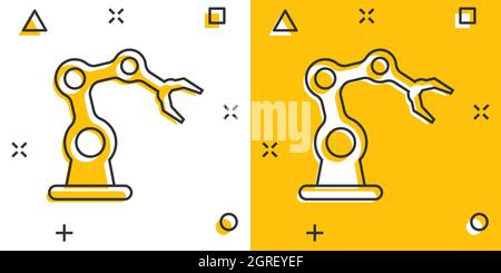 Robot arm icon in comic style. Mechanic manipulator cartoon vector illustration on white isolated background. Machine splash effect business concept. Stock Vector